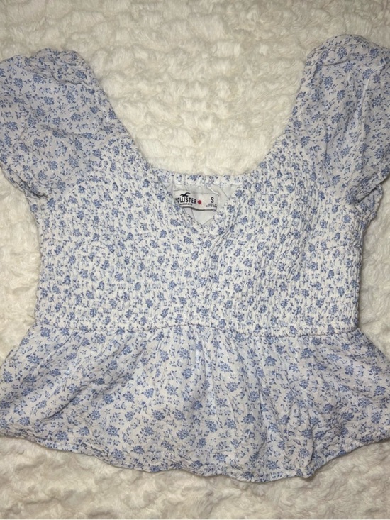 Hollister Tops - Hollister White and Light Blue Floral Smocked Peplum Top